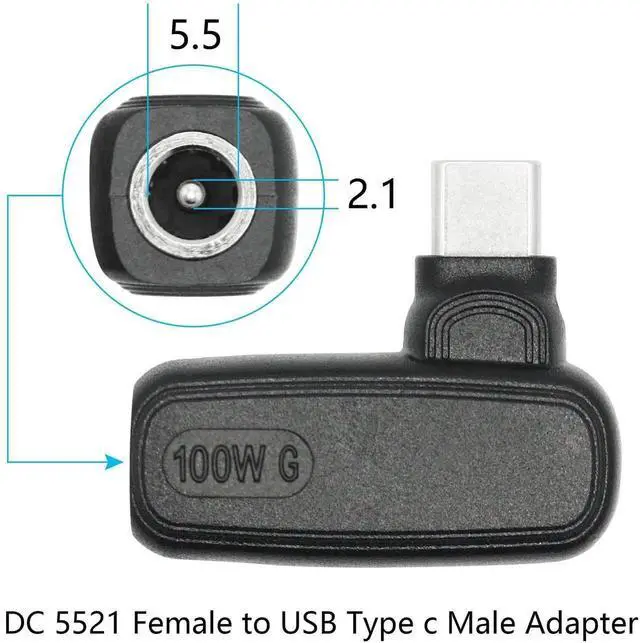 Alt view image 4 of 7 - 90 Degree DC 5.5x2.1mm to USB C Adapter, 100W DC 5521 Female to Type C Male Power Charging Plug with PD Smart Chip, Compatible with Phones, Laptops and All USB-C Port Devices