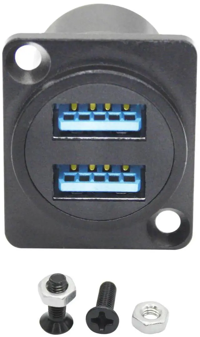 Main image of Dual USB 3.0 D-Type Panel Mount Connector, USB 3.0 Female to Female Through Socket with Mounting Screws, 5Gbps High Speed Data Transfer, 5V/2A Power Supply, Black