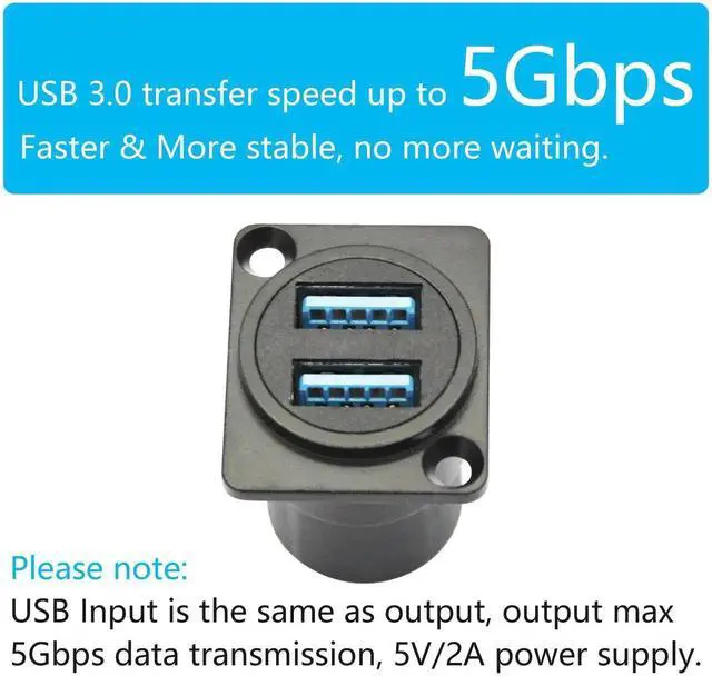 Alt view image 7 of 7 - Dual USB 3.0 D-Type Panel Mount Connector, USB 3.0 Female to Female Through Socket with Mounting Screws, 5Gbps High Speed Data Transfer, 5V/2A Power Supply, Black