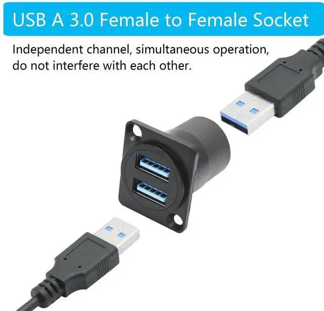 Alt view image 3 of 7 - Dual USB 3.0 D-Type Panel Mount Connector, USB 3.0 Female to Female Through Socket with Mounting Screws, 5Gbps High Speed Data Transfer, 5V/2A Power Supply, Black