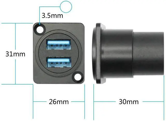 Alt view image 6 of 7 - Dual USB 3.0 D-Type Panel Mount Connector, USB 3.0 Female to Female Through Socket with Mounting Screws, 5Gbps High Speed Data Transfer, 5V/2A Power Supply, Black