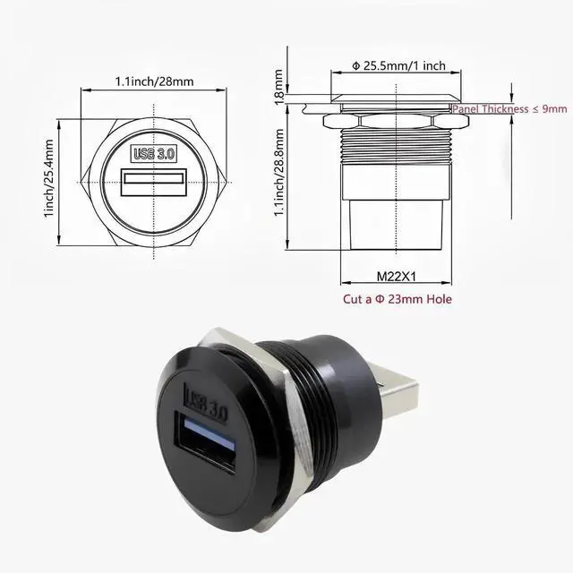 Alt view image 5 of 7 - USB 3.0 Male to Female Waterproof Panel Mount Adapter, 5Gbps Data & Charging, Threaded Round Socket Converter with Lock Nut, Dustproof Waterproof Durable Connector, Black