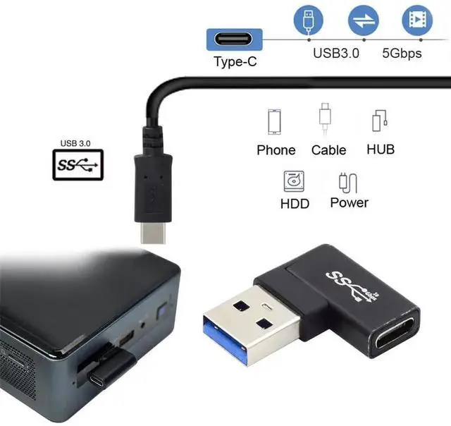Alt view image 4 of 7 - 90 Degree Left Angled Flat USB-C Female to USB 3.0 A Male Adapter, Horizontal Low Profile Type C to USB A Data Connector for Laptop Desktop