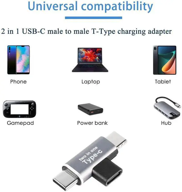 Alt view image 3 of 6 - 2 in 1 USB C Power Splitter Adapter, Type C 1 Female to 2 Male T-Type Charging Connector, 2 Pack