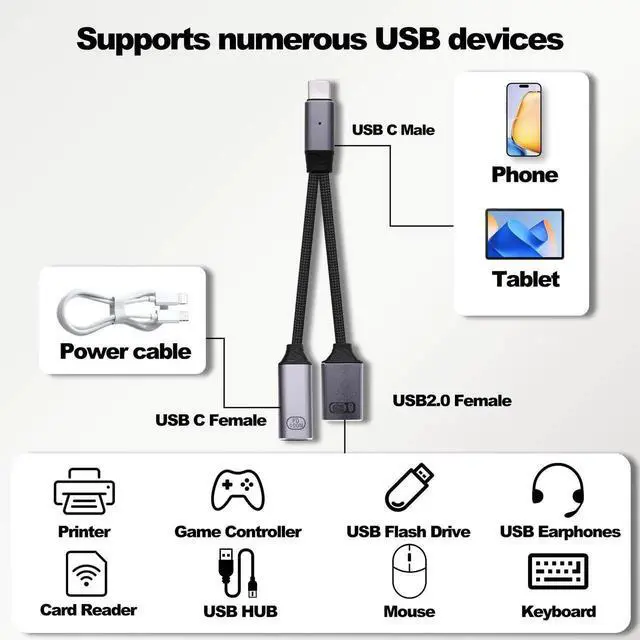 Alt view image 2 of 7 - 2 in 1 USB Type-C OTG Splitter Y Cable, Type-C to USB OTG Adapter with 100W PD Fast Charging Compatible for Phone Laptop