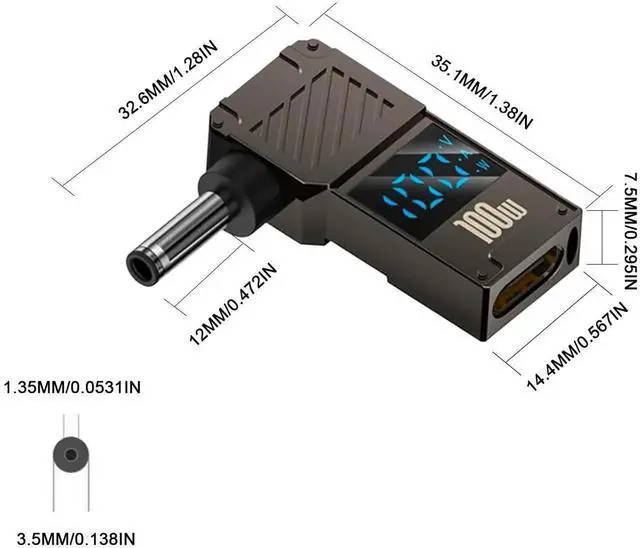 Alt view image 6 of 7 - USB Type C to DC 3.5x1.35mm Adapter, 100W PD 20V 5A LED Digital Display USB C to Laptop Power Charger Converter, 1 Pack