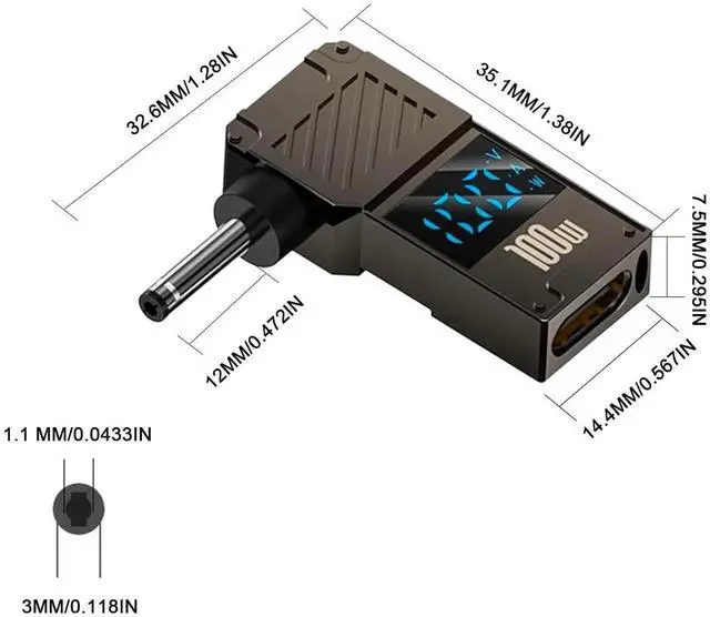Alt view image 7 of 7 - USB Type C to DC 3.0x1.1mm Adapter, 100W PD 20V 5A LED Digital Display USB C to Laptop Power Charger Converter, 1 Pack