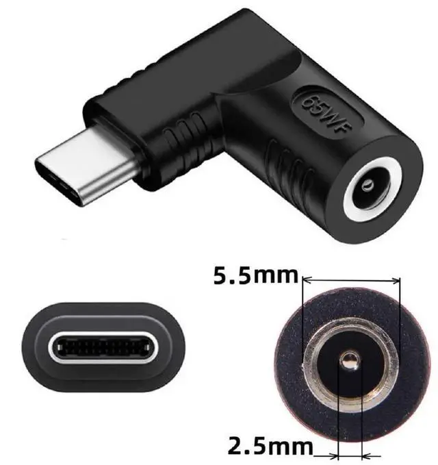 Alt view image 4 of 7 - 90 Degree Angled DC Jack 5.5x2.5mm Input to USB-C Adapter, 65W Type-C Power Charging Connector for Laptop Phone