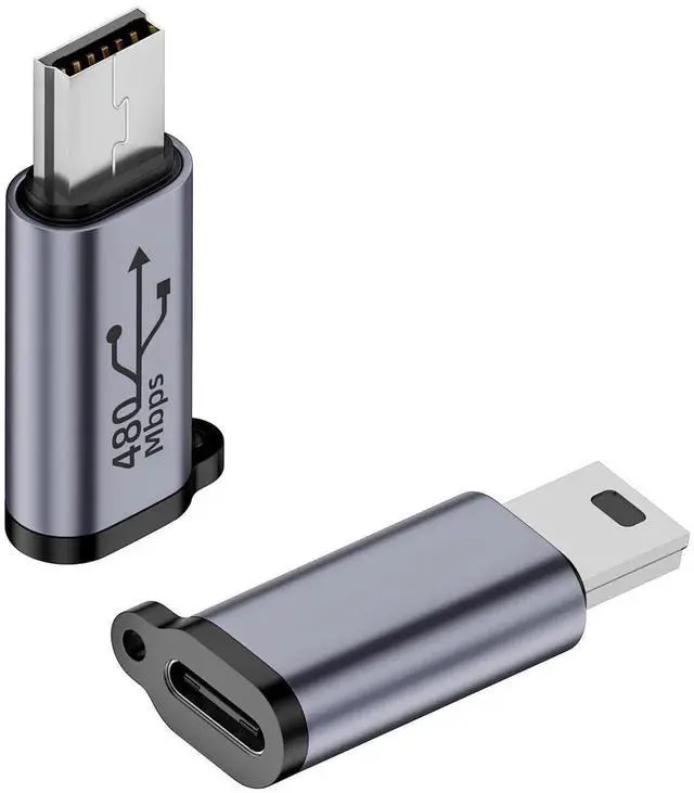 Main image of 2 Pcs Mini USB Male to USB C Female Adapter, 480Mbps 18W Aluminum Alloy Mini USB to Type C Connector with Hanging Hole for Digital Camera Mobile Hard Drive MP3