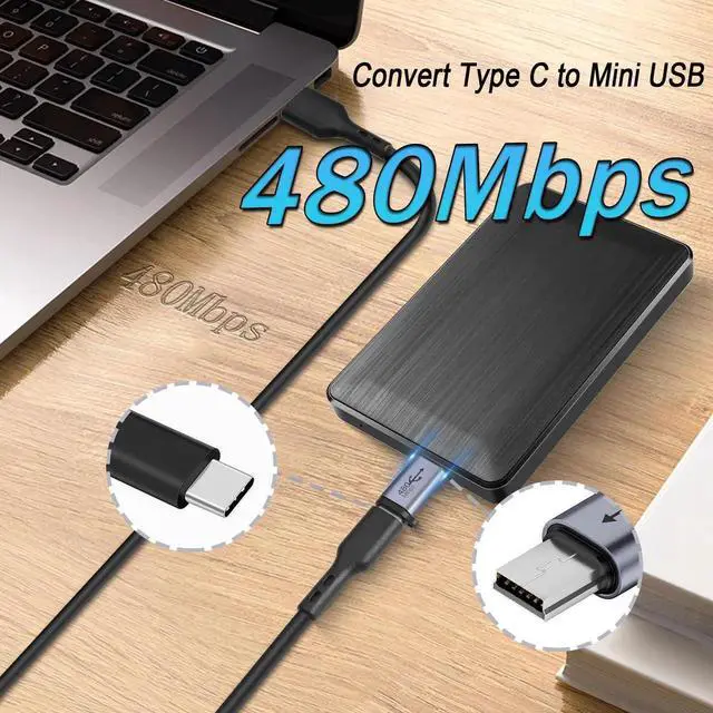 Alt view image 6 of 6 - 2 Pcs Mini USB Male to USB C Female Adapter, 480Mbps 18W Aluminum Alloy Mini USB to Type C Connector with Hanging Hole for Digital Camera Mobile Hard Drive MP3