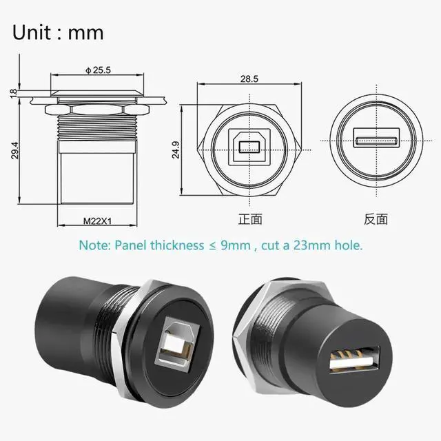 Alt view image 5 of 6 - Solderless USB 2.0 Type B to A Panel Mount Adapter, Threaded Fixed Female Connector Conversion for Printers Scanners