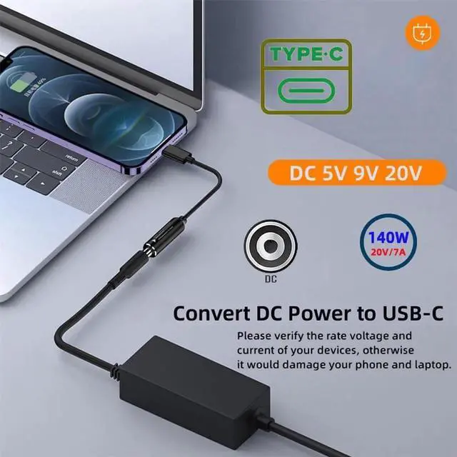 Alt view image 6 of 7 - DC 5.5x2.5mm to USB-C 140W Smart LED Display Charging Cable, 21CM PD Voltage Adjustable Power Cord 5V/9V/20V 7A for Laptop Phone