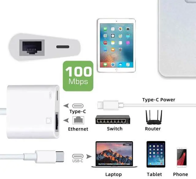 Alt view image 6 of 7 - 2-in-1 USB C Hub with 100Mbps RJ45 Ethernet & PD Charging Port, Type C to LAN Network Adapter USB Extender for Laptop Tablet Phone