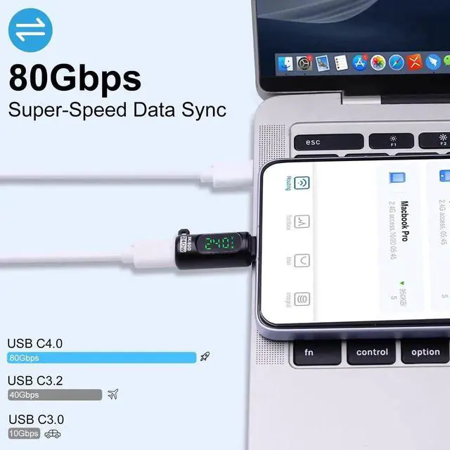 Alt view image 3 of 7 - 2 Pack Black USB-C Male to Female Extension Adapter with LED Digital Display, 80Gbps 240W 8K@60Hz Thunderbolt 5/4 USB C Extender for MacBook iMac