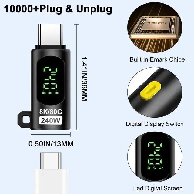 Alt view image 7 of 7 - 2 Pack Black USB-C Male to Female Extension Adapter with LED Digital Display, 80Gbps 240W 8K@60Hz Thunderbolt 5/4 USB C Extender for MacBook iMac