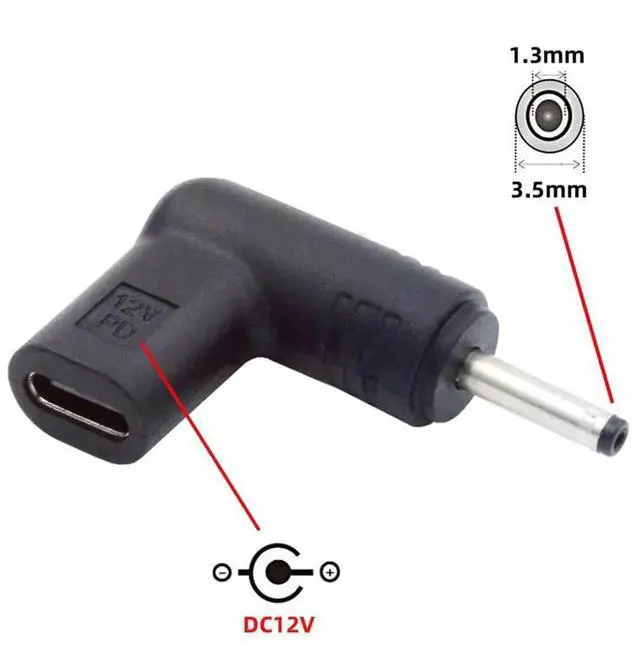 Alt view image 5 of 7 - 90 Degree Angled USB-C Female to DC 12V 3.5x1.3mm Adapter, USB 3.1 PD Emulator Trigger Power Converter