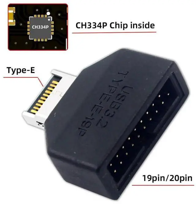 Alt view image 3 of 7 - Type-E Key-A to 20Pin Header 10Gbps Overmold IDC Socket, USB 3.1 Front Panel Header to USB 3.0 19Pin Extension Connector Adapter with CH334P Chip