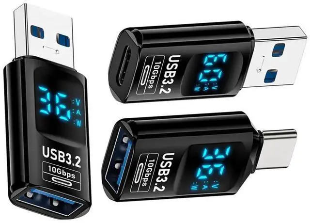 Main image of 3Pcs Lot USB-C to USB3.2 Type-A Adapter with Smart LED Digital Display, 10Gbps PD 36W Fast Charging Voltage Current Tester Detector