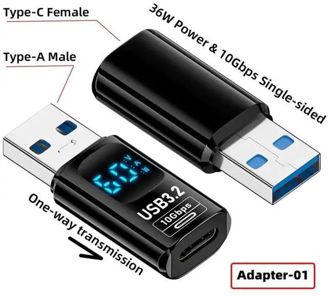 Alt view image 2 of 7 - 3Pcs Lot USB-C to USB3.2 Type-A Adapter with Smart LED Digital Display, 10Gbps PD 36W Fast Charging Voltage Current Tester Detector