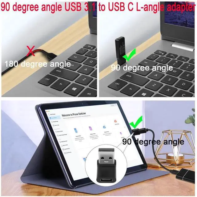 Alt view image 6 of 6 - 2Pcs L-Shaped 90° USB A Male to USB C Female Adapter, 10Gbps USB 3.1 Angled Connector, 3A Fast Charging & OTG Data Transfer for PC Laptop Tablet, Positive Bend Female Up