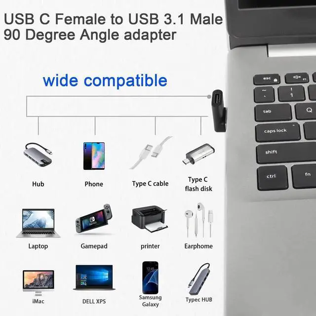 Alt view image 2 of 6 - 2Pcs L-Shaped 90° USB A Male to USB C Female Adapter, 10Gbps USB 3.1 Angled Connector, 3A Fast Charging & OTG Data Transfer for PC Laptop Tablet, Positive Bend Female Up