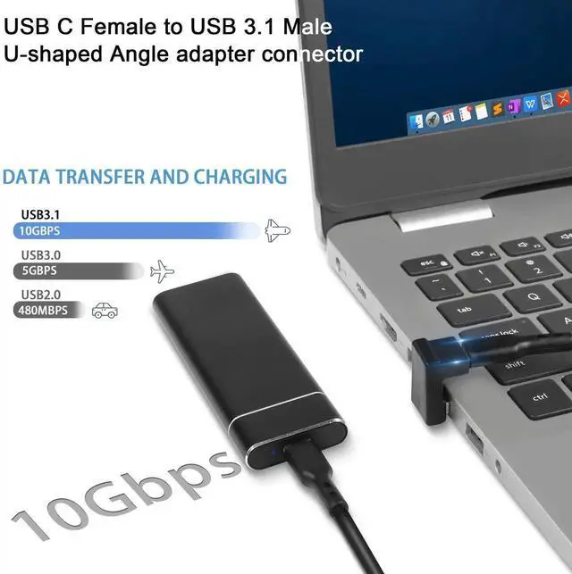 Alt view image 3 of 6 - 2Pcs U-Shape 180° USB A Male to USB C Female Adapter, USB 3.1 10Gbps 3A Charging OTG Angle Connector, Female Up Design for Laptop Tablet