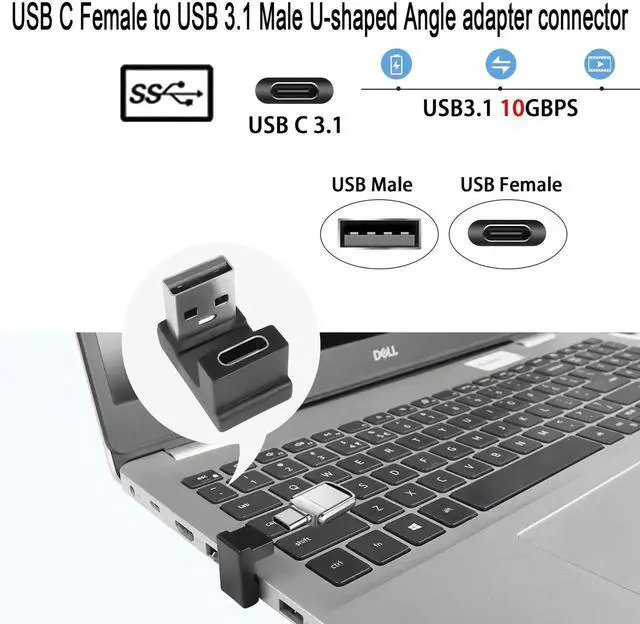 Alt view image 2 of 6 - 2Pcs U-Shape 180° USB A Male to USB C Female Adapter, USB 3.1 10Gbps 3A Charging OTG Angle Connector, Female Up Design for Laptop Tablet