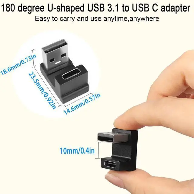 Alt view image 5 of 6 - 2Pcs U-Shape 180° USB A Male to USB C Female Adapter, USB 3.1 10Gbps 3A Charging OTG Angle Connector, Female Up Design for Laptop Tablet