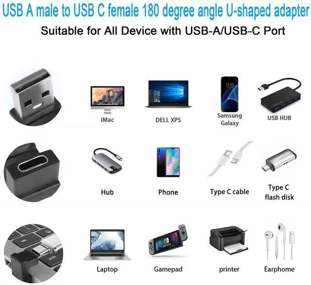 Alt view image 4 of 6 - 2Pcs U-Shape 180° USB A Male to USB C Female Adapter, USB 3.1 10Gbps 3A Charging OTG Angle Connector, Female Up Design for Laptop Tablet
