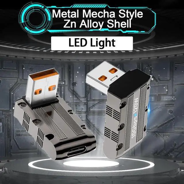 Alt view image 7 of 7 - Metal Mecha USB3.1 to USB C 90° Right Angle Adapter, 10Gbps 120W Male to Female Angle Connector with LED Light, Positive Bend C Port Down for Wall Charger PC Laptop