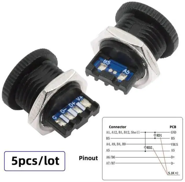 Alt view image 2 of 7 - 5Pcs/Set DIY OEM Type C Female Socket Connector, 6Pin PCBA Pinout with Screw Nut Mount, PD Power DC 5V/20V for Wiring Project