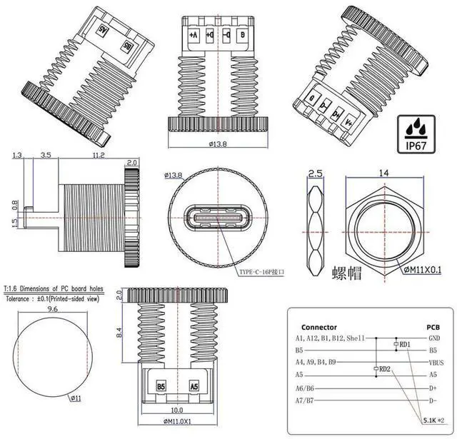 Alt view image 7 of 7 - 5Pcs/Set DIY OEM Type C Female Socket Connector, 6Pin PCBA Pinout with Screw Nut Mount, PD Power DC 5V/20V for Wiring Project