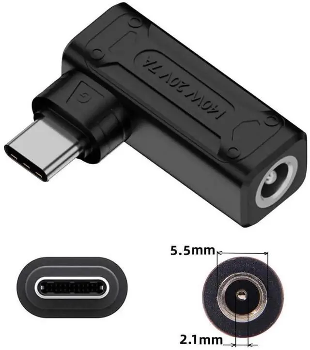 Alt view image 7 of 7 - 90 Degree Angled DC Jack 5.5x2.1mm Input to USB-C Adapter, 140W/100W High Power Charging Plug Converter for Laptop Phone
