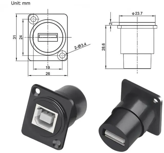 Alt view image 3 of 6 - USB B to A Panel Mount Adapter, D-Type USB Type B to Type A Conversion Connector, Compatible with HP Canon Epson Lexmark Xerox Printers Scanners