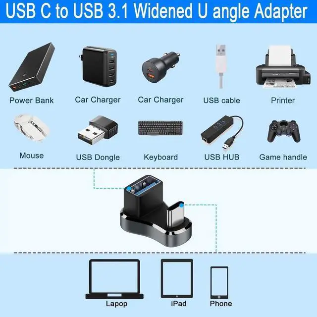 Alt view image 6 of 7 - 180 Degree U Shaped Wide USB C to USB3.1 Adapter, 10Gbps Type C Male to USB A Female Wide Distance Angle Connector, 36W Charging OTG Aluminum Alloy with LED for Steam Deck Smartphone Tablet