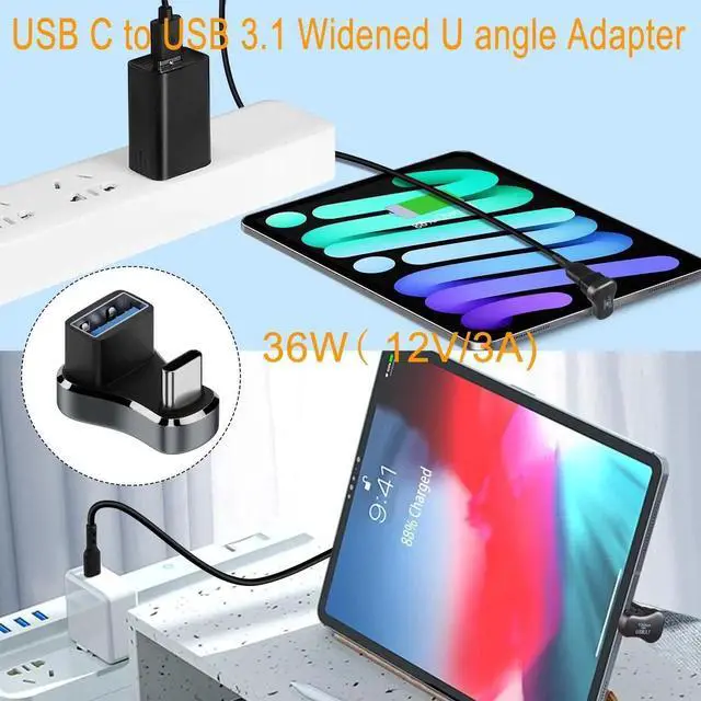 Alt view image 3 of 7 - 180 Degree U Shaped Wide USB C to USB3.1 Adapter, 10Gbps Type C Male to USB A Female Wide Distance Angle Connector, 36W Charging OTG Aluminum Alloy with LED for Steam Deck Smartphone Tablet