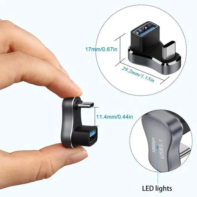 Alt view image 5 of 7 - 180 Degree U Shaped Wide USB C to USB3.1 Adapter, 10Gbps Type C Male to USB A Female Wide Distance Angle Connector, 36W Charging OTG Aluminum Alloy with LED for Steam Deck Smartphone Tablet