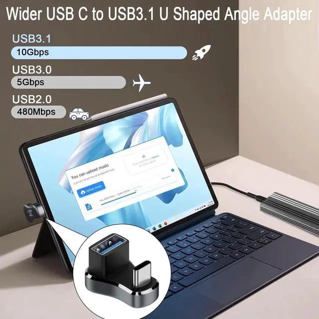 Alt view image 4 of 7 - 180 Degree U Shaped Wide USB C to USB3.1 Adapter, 10Gbps Type C Male to USB A Female Wide Distance Angle Connector, 36W Charging OTG Aluminum Alloy with LED for Steam Deck Smartphone Tablet