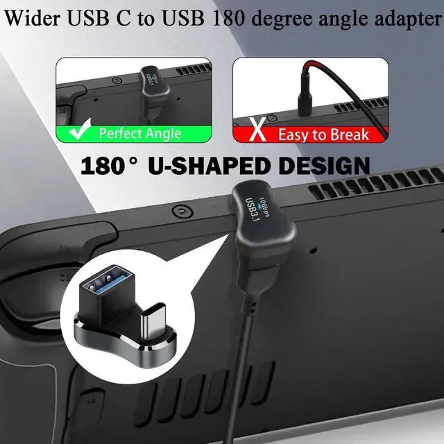 Alt view image 7 of 7 - 180 Degree U Shaped Wide USB C to USB3.1 Adapter, 10Gbps Type C Male to USB A Female Wide Distance Angle Connector, 36W Charging OTG Aluminum Alloy with LED for Steam Deck Smartphone Tablet