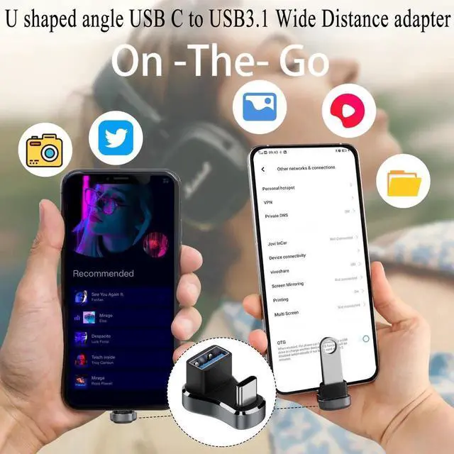 Alt view image 2 of 7 - 180 Degree U Shaped Wide USB C to USB3.1 Adapter, 10Gbps Type C Male to USB A Female Wide Distance Angle Connector, 36W Charging OTG Aluminum Alloy with LED for Steam Deck Smartphone Tablet