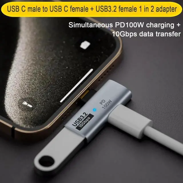 Alt view image 6 of 6 - 90° Angle USB C 1 in 2 Charging OTG Adapter, USB C Male to USB C Female & USB3.2 Female Splitter, PD 100W Fast Charging + 10Gbps Data OTG Connector for Phone Tablet Steam Deck