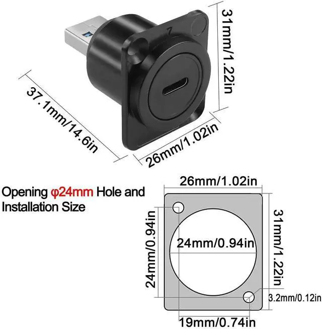 Alt view image 4 of 7 - USB 3.0 to USB C Panel Mount Adapter, 5Gbps USB3.0 Male to Type C Female D/XLR Panel Mount Socket Converter for Data Transfer & Charging
