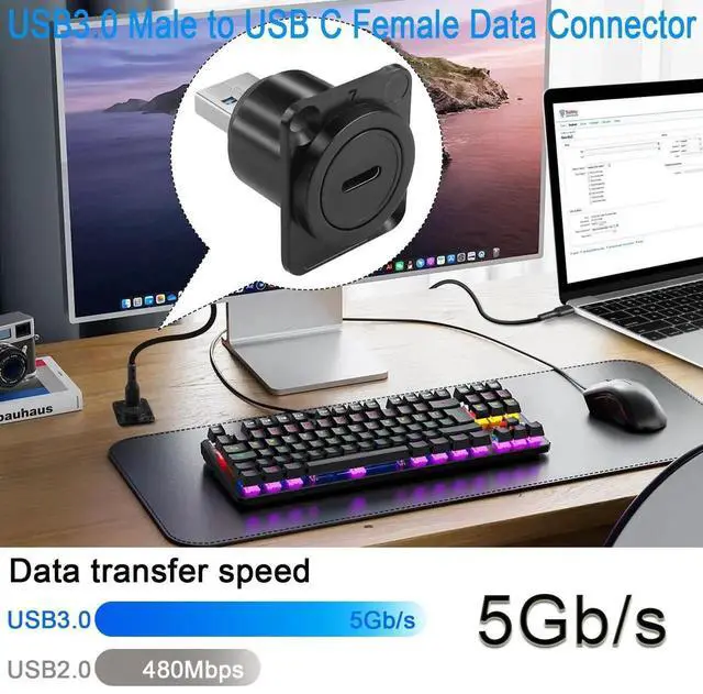 Alt view image 2 of 7 - USB 3.0 to USB C Panel Mount Adapter, 5Gbps USB3.0 Male to Type C Female D/XLR Panel Mount Socket Converter for Data Transfer & Charging
