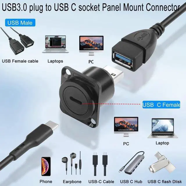 Alt view image 3 of 7 - USB 3.0 to USB C Panel Mount Adapter, 5Gbps USB3.0 Male to Type C Female D/XLR Panel Mount Socket Converter for Data Transfer & Charging