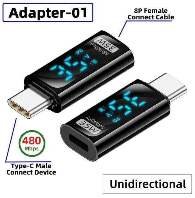 Alt view image 6 of 7 - 3Pcs/Set USB-C Smart Digital LED Display Adapter, 10Gbps Type-C Female to USB-A 8P Data Current Voltage Fast Charging Monitor Tester Detector