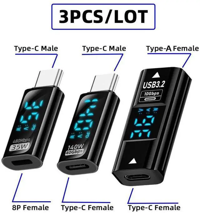 Alt view image 4 of 7 - 3Pcs/Set USB-C Smart Digital LED Display Adapter, 10Gbps Type-C Female to USB-A 8P Data Current Voltage Fast Charging Monitor Tester Detector