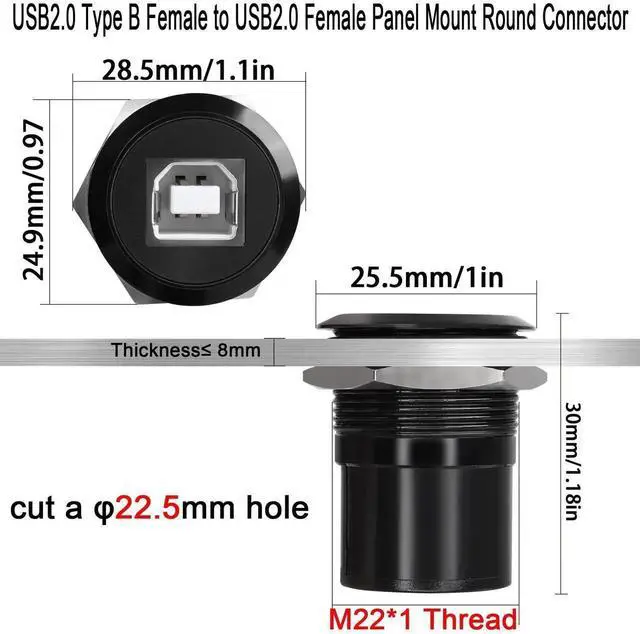 Alt view image 3 of 6 - USB Type B Female to Female Panel Mount Adapter Round Connector Compatible with Printer Scanner 3.5 Inch Portable Hard Drive Monitor