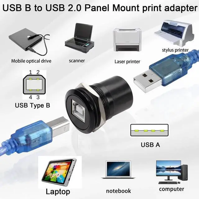 Alt view image 6 of 6 - USB Type B Female to Female Panel Mount Adapter Round Connector Compatible with Printer Scanner 3.5 Inch Portable Hard Drive Monitor