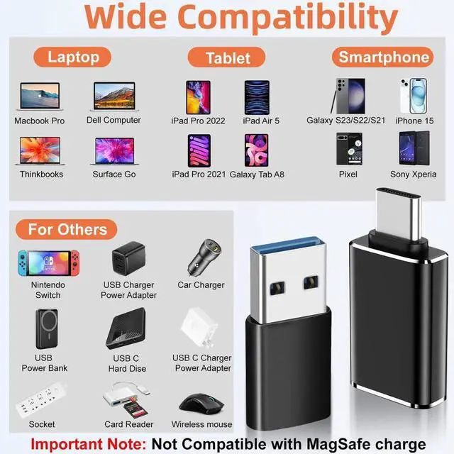 Alt view image 4 of 7 - 4-Pack USB to USB C Adapter Black, Type-C Female to USB A Male Car Charger Converter Compatible with iPhone 16 16e 15 14 13 12 Plus iWatch Airpods Switch Samsung Galaxy S25
