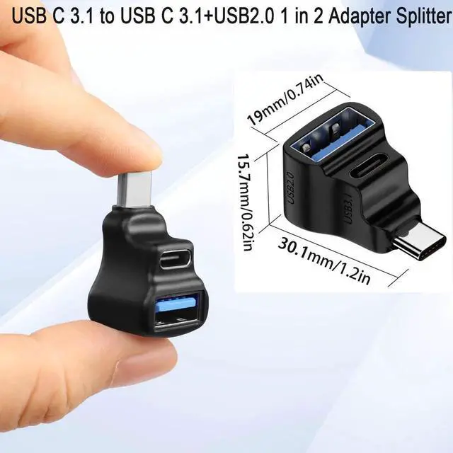 Alt view image 4 of 7 - 90 Degree 1-in-2 USB-C Splitter Adapter, USB 3.1 Male to USB 3.1 + USB 2.0 Dual Female, 20Gbps 100W Charging Video Projection for Phone Laptop Tablet Steam Deck Switch